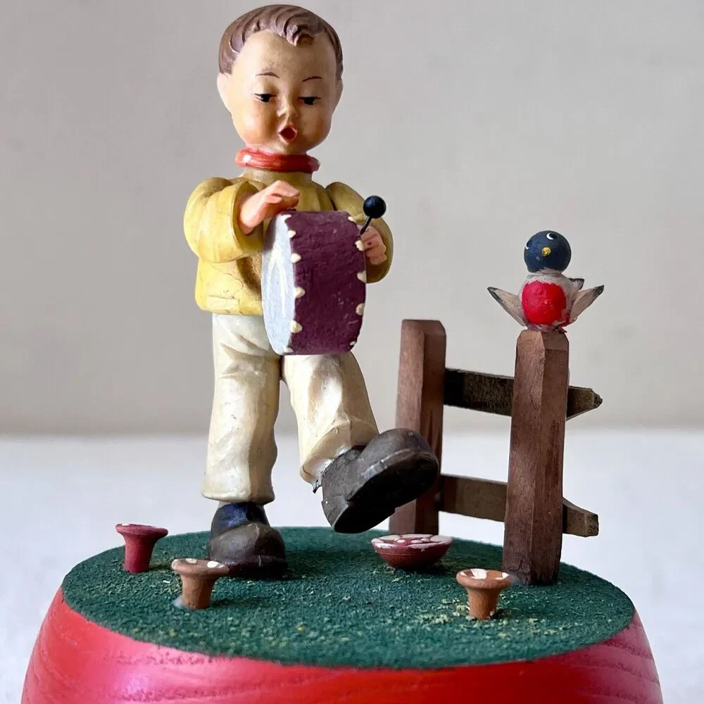VTG Anri Reuge Rotating Music Box Boy/Bird Plays The Little Drummer Boy WORKING